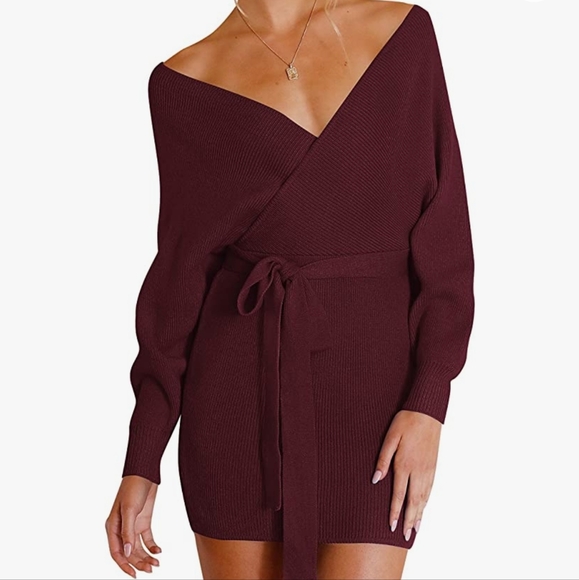 Burgundy Knitted Sweater Bodycon Mini Dress - Picture 2 of 7